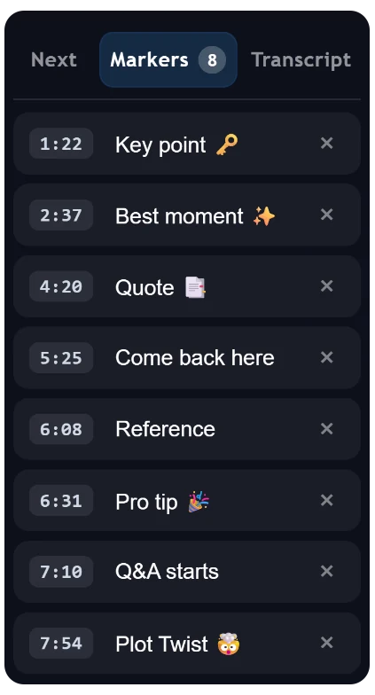 A list of custom timestamped markers