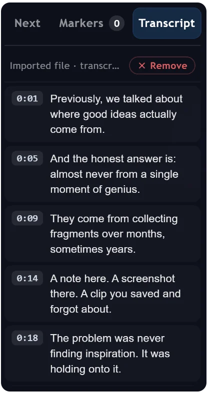 The full transcript, every line clickable to the second it was spoken